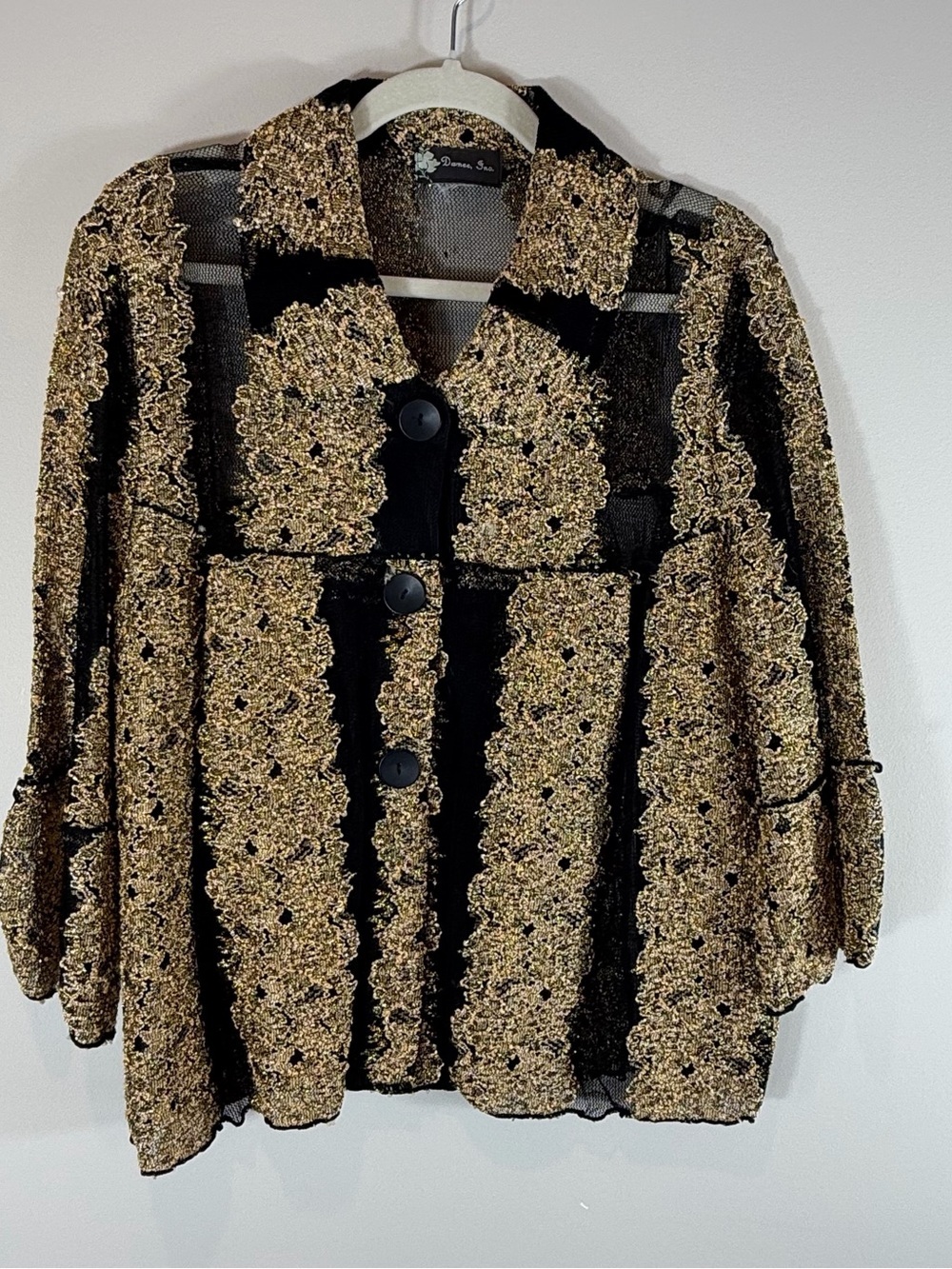 Damee Elegant Black and Gold Textured Button-Front Jacket Size Medium
